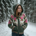 Comstylish Women's Boho Floral Art Pattern Knit Zip-up Sweater