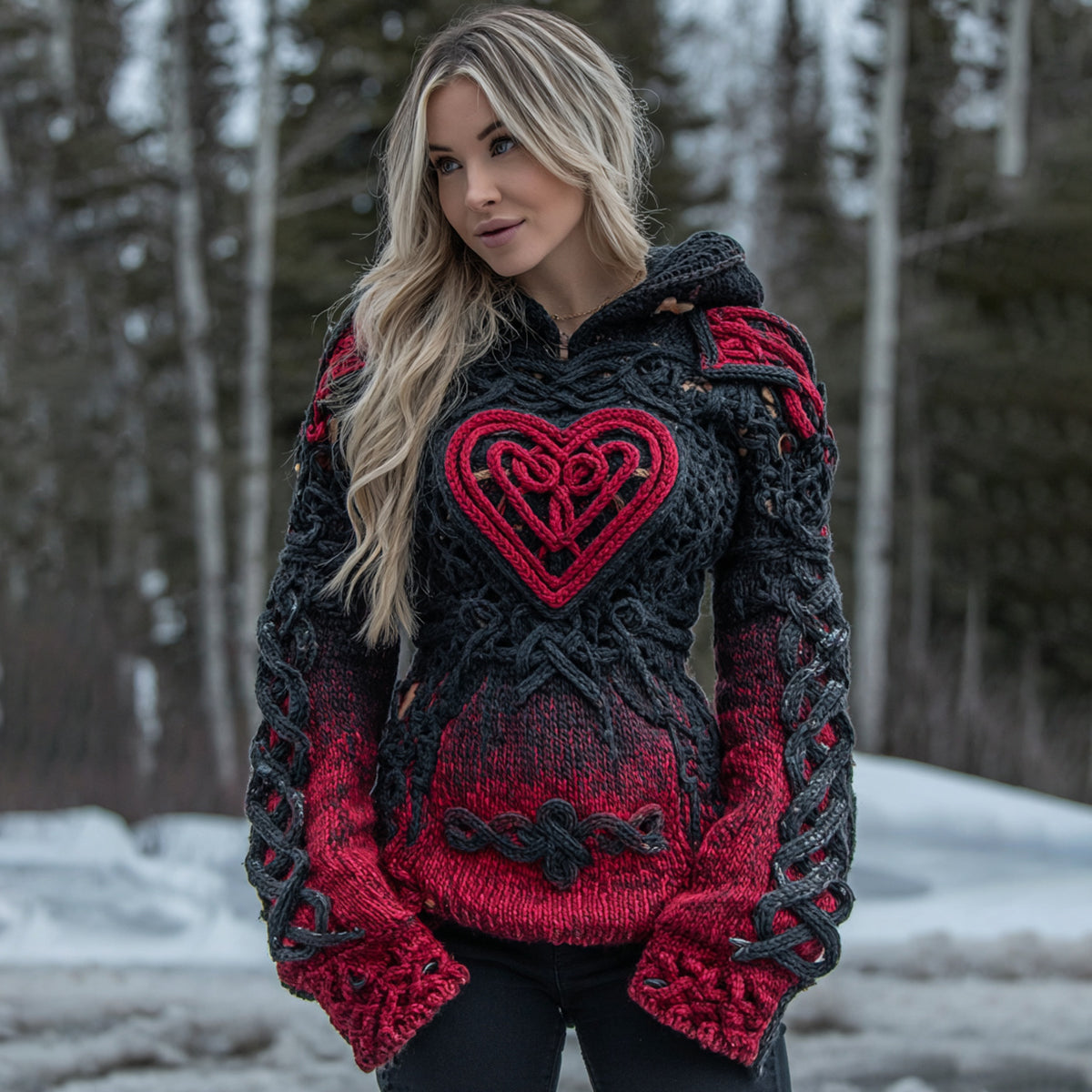 Women's Vintage Heart Art Knit Hooded Sweater elevenforest