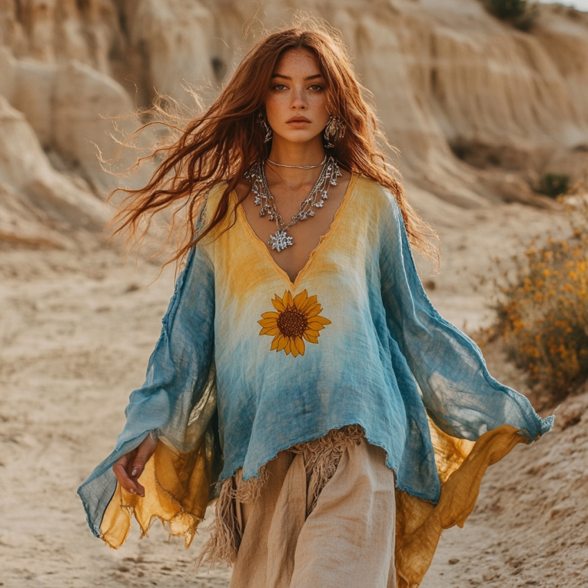 Boho Gradient Sunflower Embroidery Print Cotton And Linen Blend Loose Blouse elevenforest