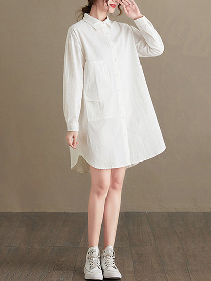 Simple Buttoned Lapel Collar Long Sleeves Blouse