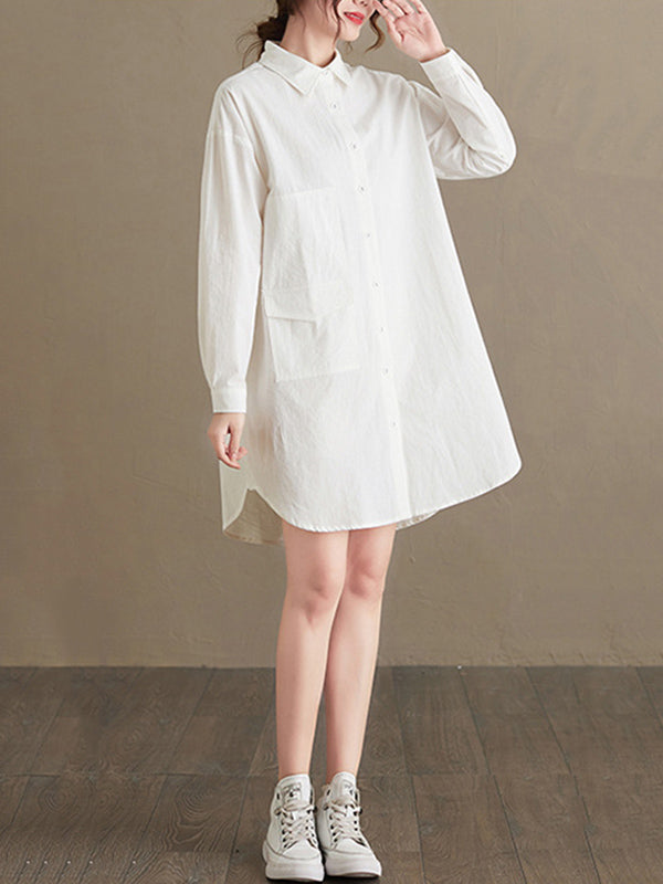 Simple Buttoned Lapel Collar Long Sleeves Blouse