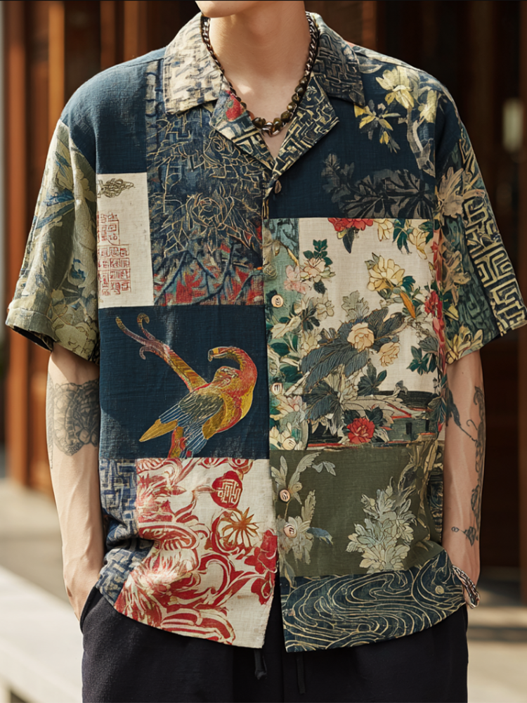 Japanese Art Style Plant And Flower Pattern Men's Cotton And Linen Short Sleeve Shirt elevenforest
