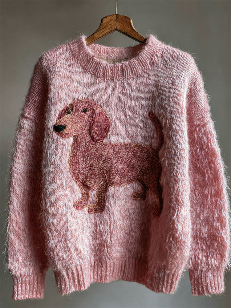 Comstylish Pink Dachshund Embroidered Fuzzy Cozy Knit Sweater