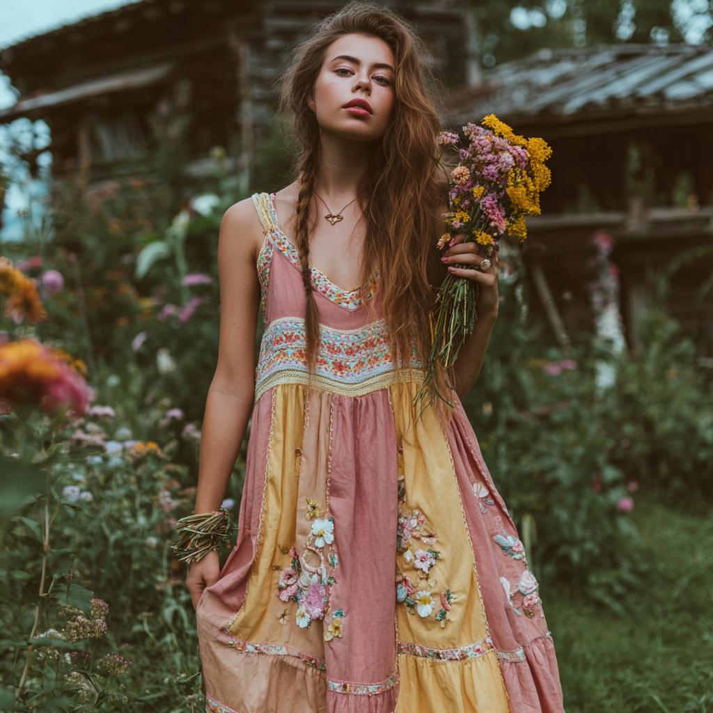 Women's Retro Ethnic Floral Art Stitching V-neck Dress elevenforest