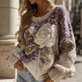 Women's Vintage White Rose Pattern Warm Knitted Crew Neck Sweater elevenforest