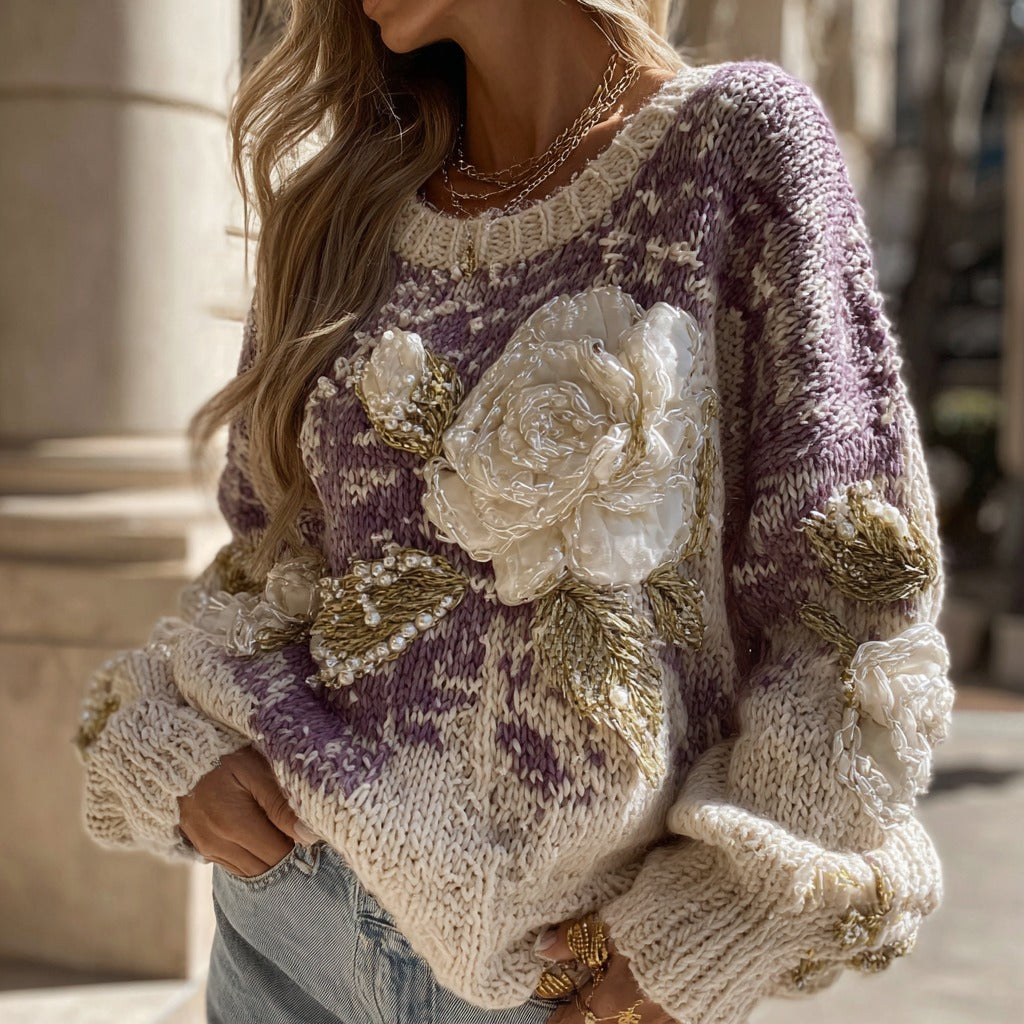 Women's Vintage White Rose Pattern Warm Knitted Crew Neck Sweater elevenforest