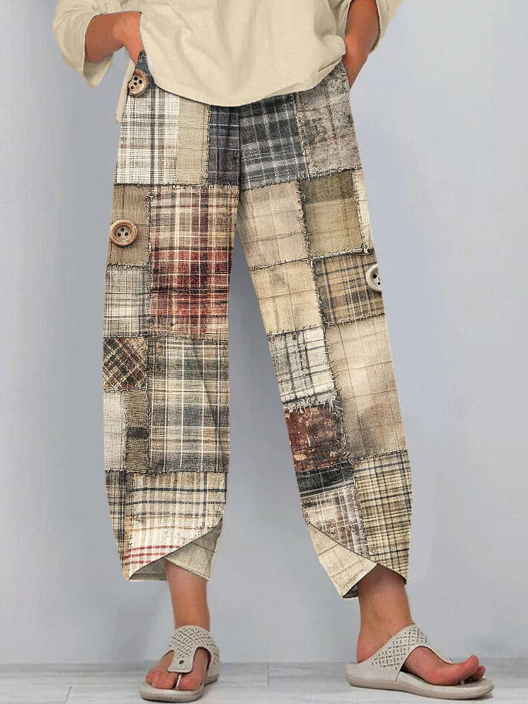 Vintage Plaid Patchwork Art Linen Blend Pants elevenforest