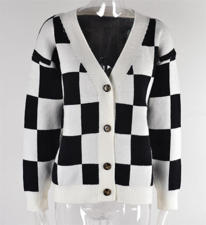 Autumn Winter Plaid Sweater Stitching Cardigan Top Knitted Coat Tide