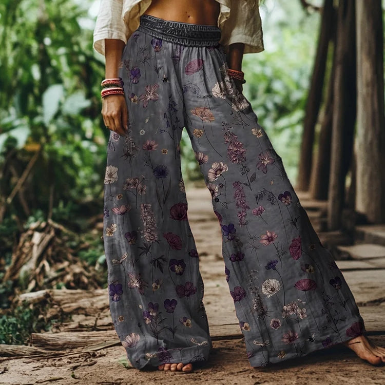 Vintage Bohemia Floral Pattern Women's Linen Blend Casual Pants elevenforest