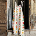 Women's Bohemian Style Daisy And Lavender Floral Linen Print Cotton Linen Jumpsuit elevenforest
