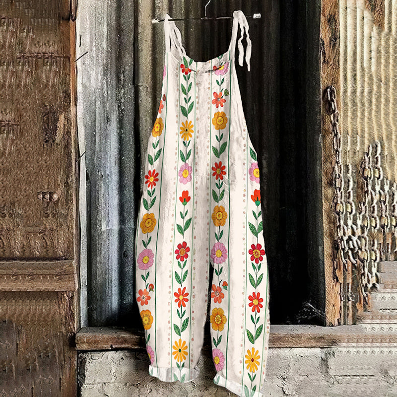 Women's Bohemian Style Daisy And Lavender Floral Linen Print Cotton Linen Jumpsuit elevenforest