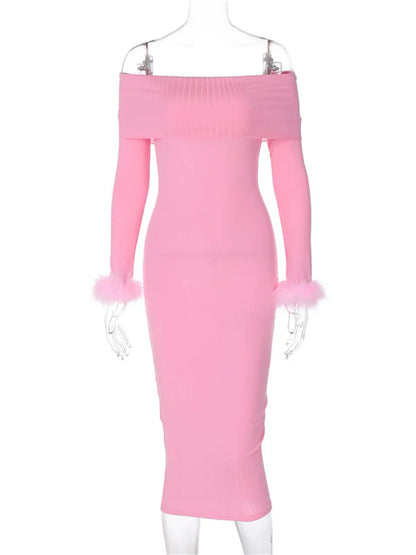 Tossy Off-shoulder Ribbed Fluffy Maxi Dress ’s Slim Long Sleeve Patchwork Loose Party Dress Backless Dress