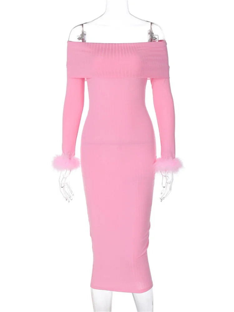 Tossy Off-shoulder Ribbed Fluffy Maxi Dress ’s Slim Long Sleeve Patchwork Loose Party Dress Backless Dress
