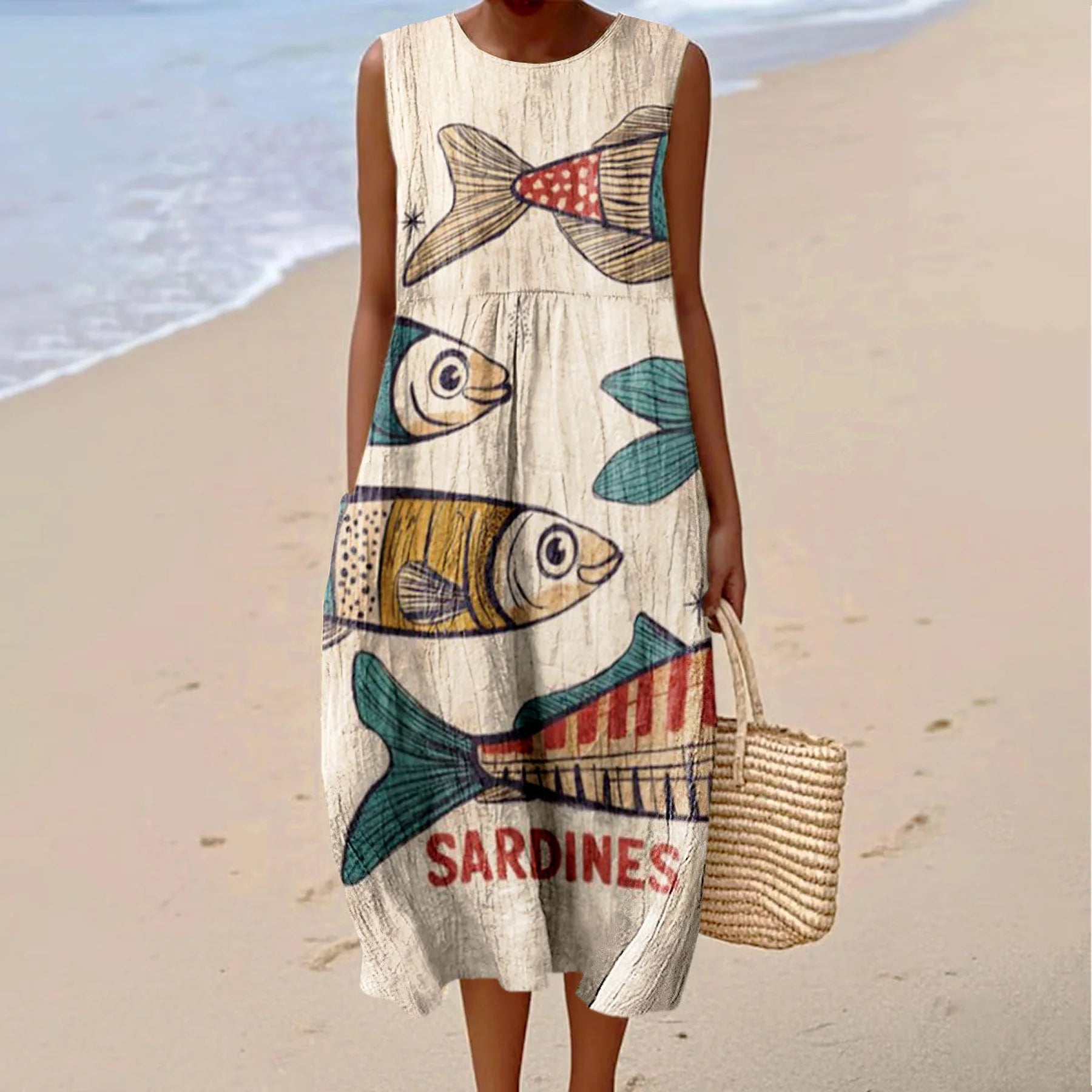 Women's Vintage Fish Sardines Art Print Cotton Casual Dress elevenforest