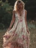 Bohemian Retro Pink Rose Lace Flowing Linen Maxi Dress elevenforest