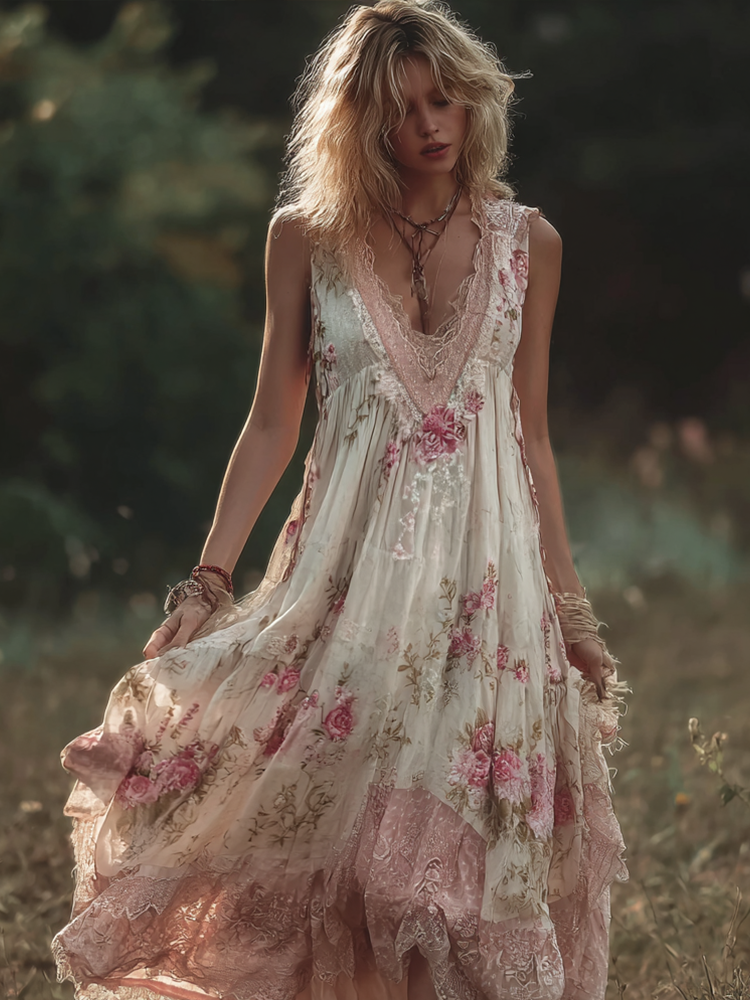 Bohemian Retro Pink Rose Lace Flowing Linen Maxi Dress elevenforest