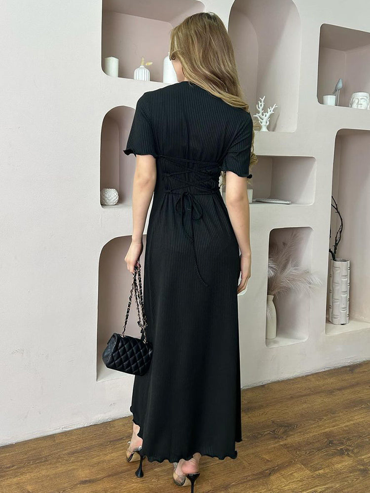 Tossy Ribbed Knit Long Dress for Slim Short Sleeve Ruffled High Waist Patchwork Gown Knitwear Maxi Dress