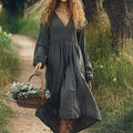 Women's Solid Color V-neck Linen Blend Loose Midi Dress elevenforest