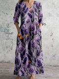 Comstylish Elegant Purple Flowers Art Linen Blend Maxi Dress