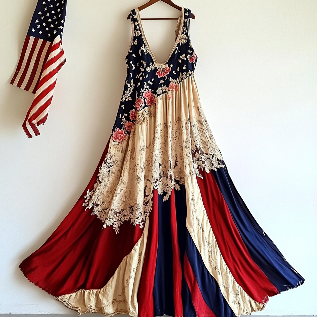 Women's Vintage Independence Day Flag Floral Sleeveless Dress elevenforest