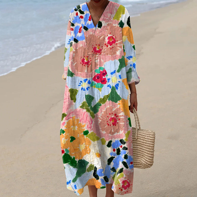 Comstylish Women's Vintage Flowers Art Print Casual Dress