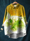 Vintage Lovely Cat Art Print Casual Cotton And Linen Shirt