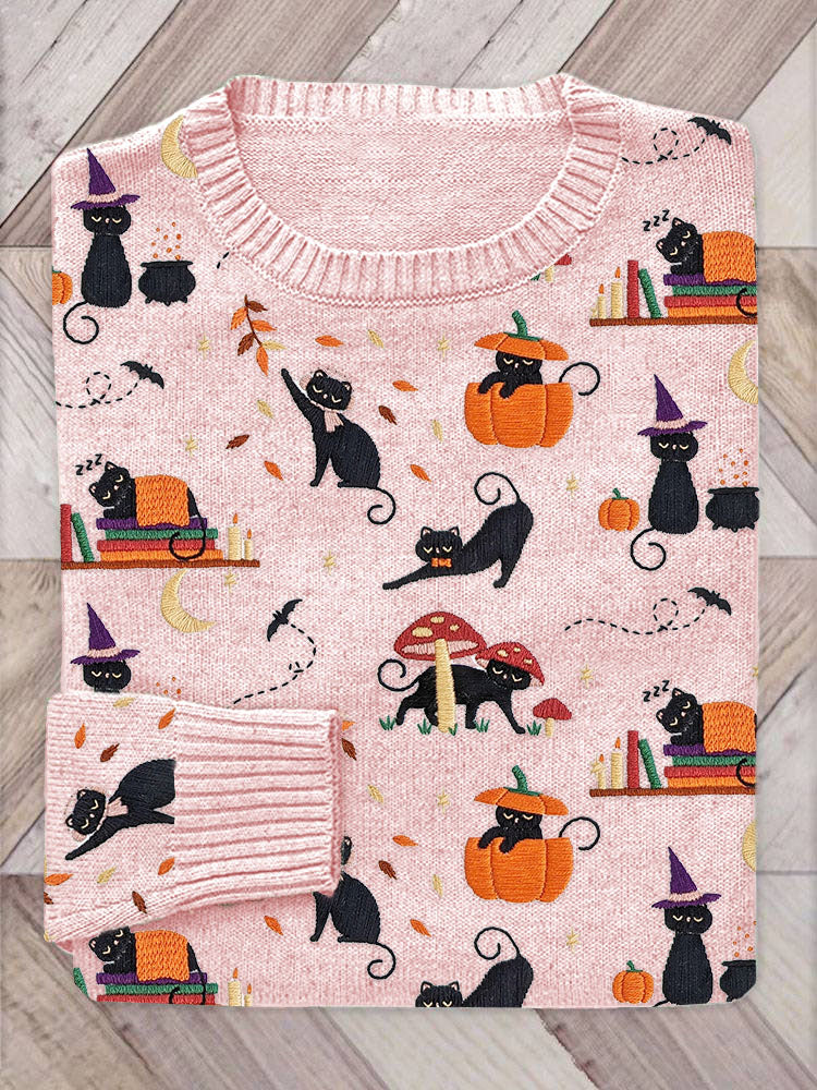 Halloween Black Cat Pumpkin Embroidery Pattern Sweater elevenforest