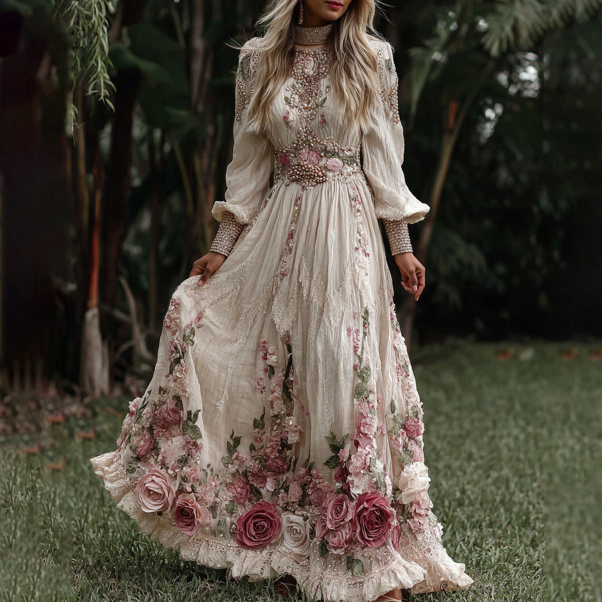 Women's Vintage Roses Embroidery Art Crew Neck Long Sleeves Maxi Dress elevenforest