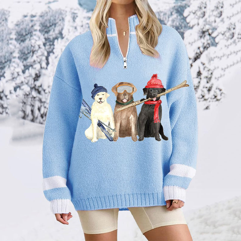 Comstylish Women's Cute Dogs Ski Enthusiast Zip-Up Cozy Sweater