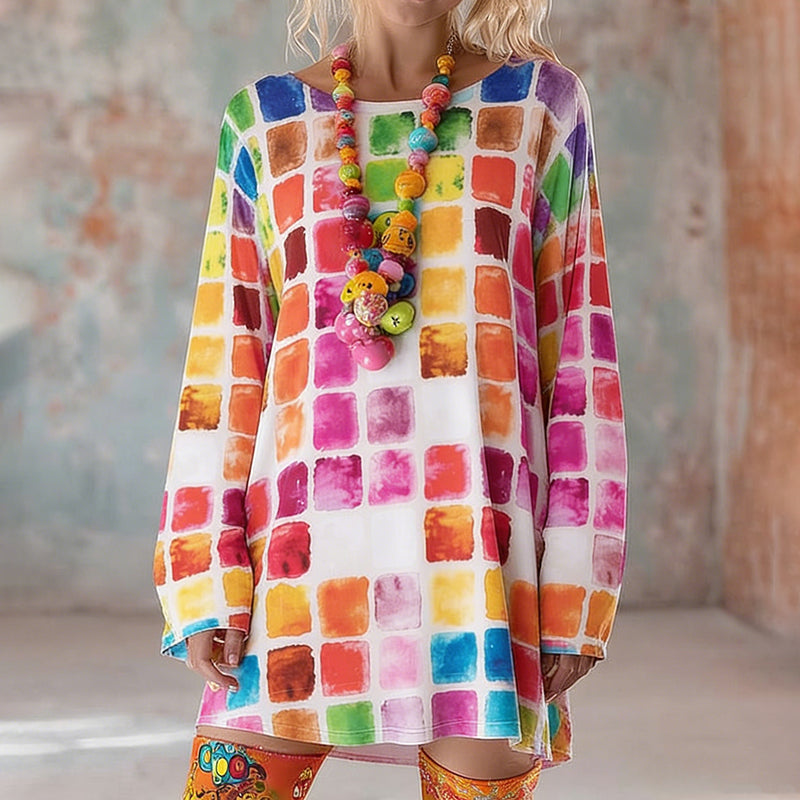 Comstylish Women's Abstract Color Block Plaid Print Mini Dress