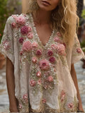 Women's Embroidered Flower Short-sleeved V-neck Casual Top elevenforest