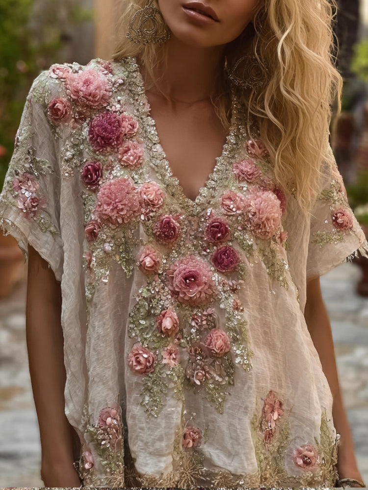 Women's Embroidered Flower Short-sleeved V-neck Casual Top elevenforest