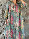 Women's Elegant Vintage Floral Print Shirt Style Cotton and Linen Dres