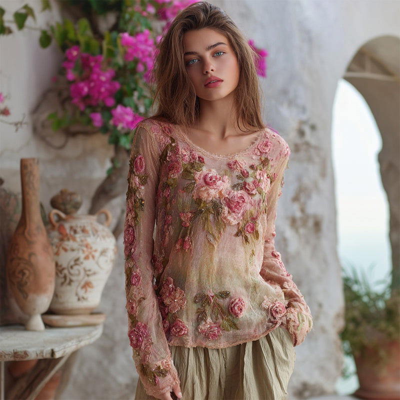 Boho Pink Roses Embroidered Vintage Cozy Linen Tunic elevenforest