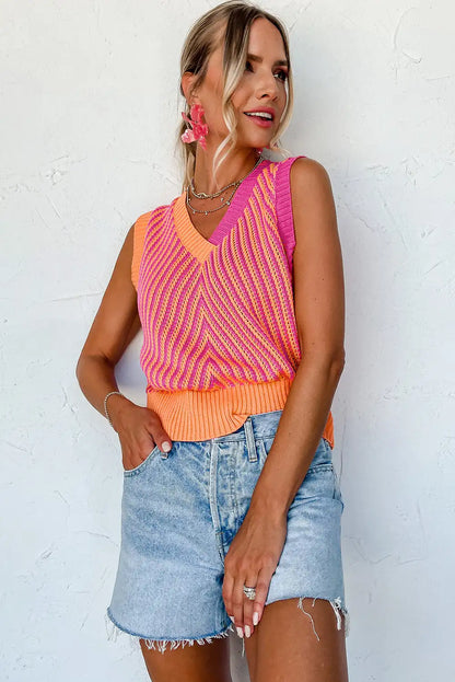 Chevron Pink Knit V Neck Sweater Vest