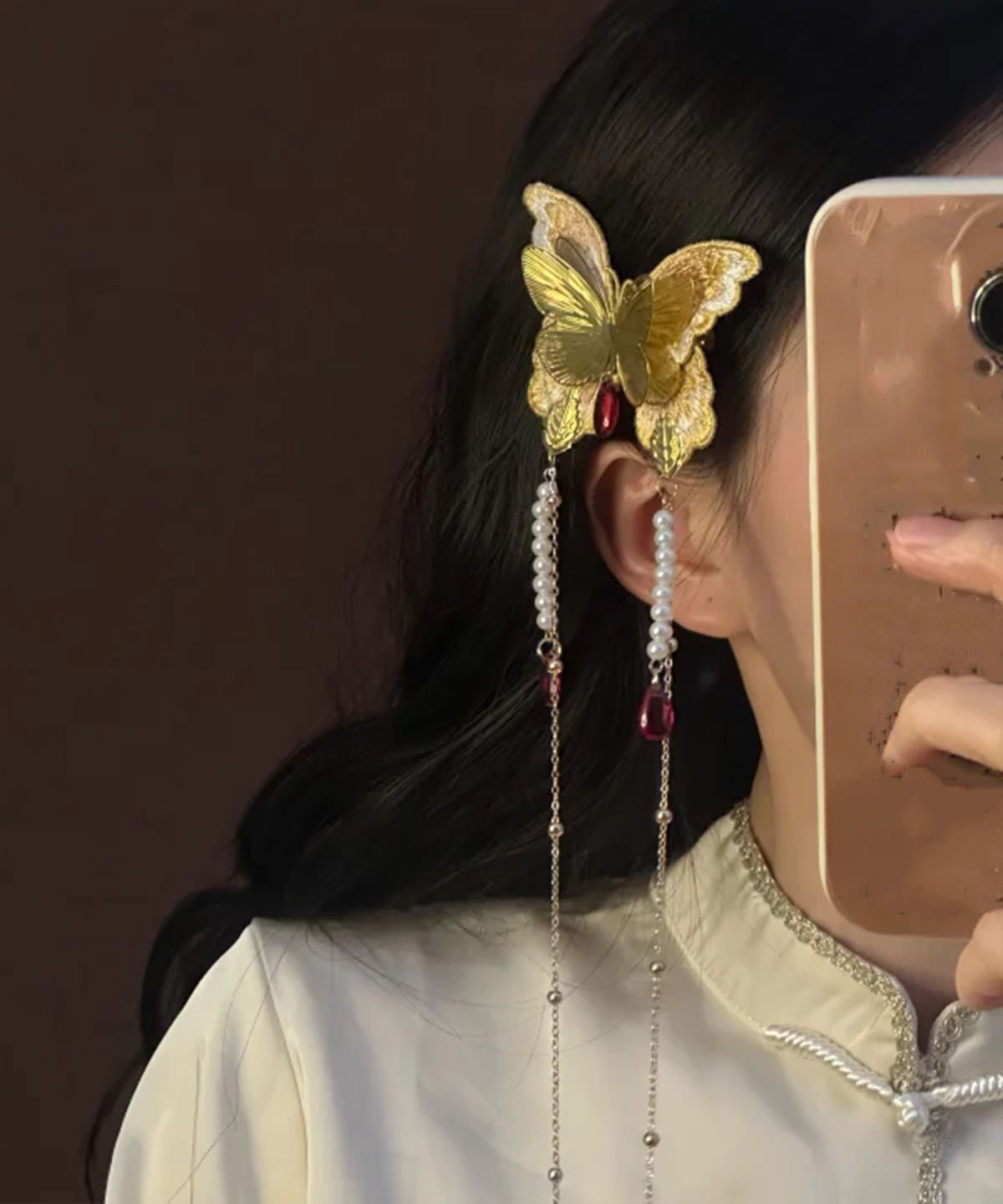 Gold Alloy Butterfly Embroidery Tassel a Pair Hairpin