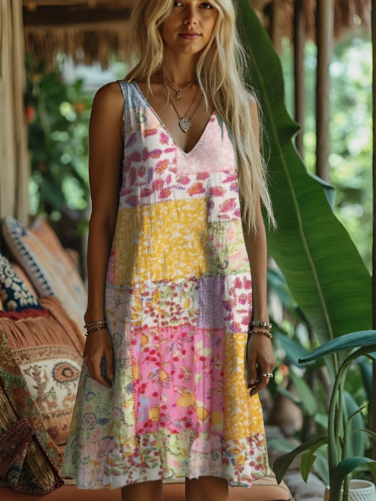 Rustic Floral Print Women's Linen Vest Dress elevenforest