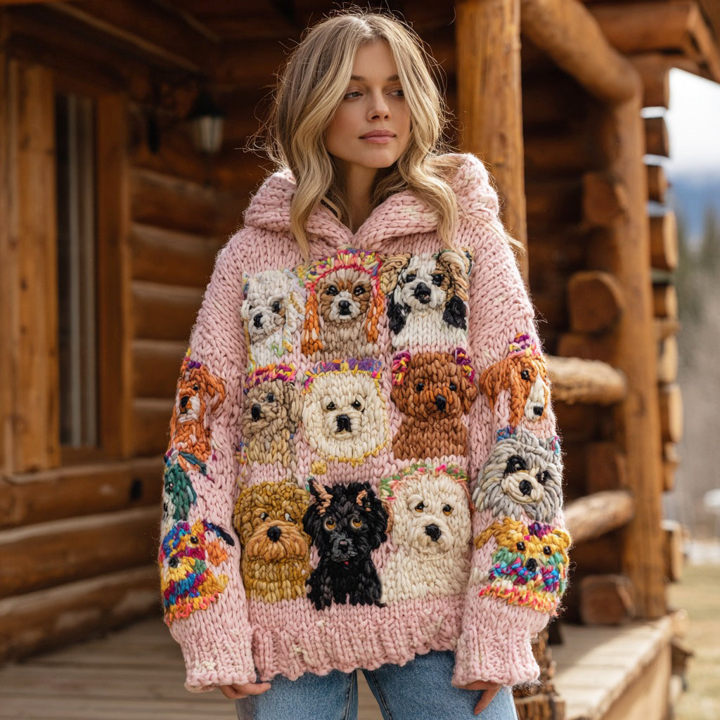 Women's Colorful Puppy Pattern Cozy Chunky Knit Hooded Sweater elevenforest