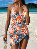Women's Floral Art Print Pleated Drawstring V-neck Tankini Pantskirt Set Swimsuit
