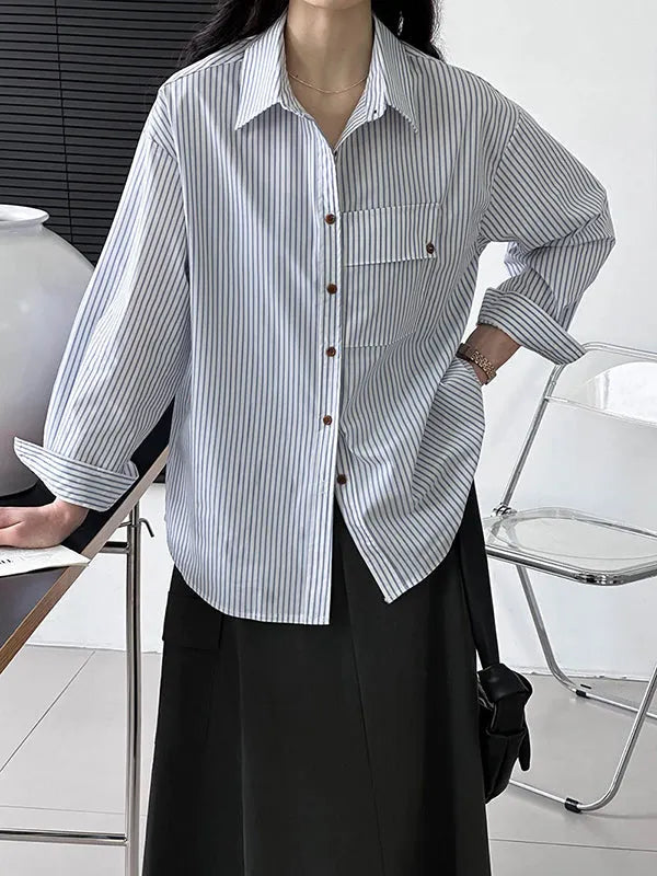 Long Sleeves Loose Buttoned Pockets Striped Lapel Blouses&shirts Tops