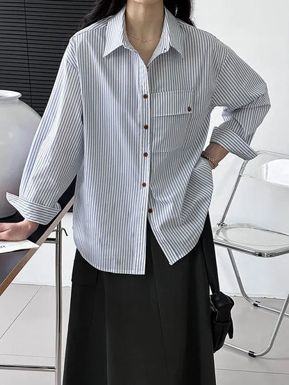 Long Sleeves Loose Buttoned Pockets Striped Lapel Blouses&shirts Tops