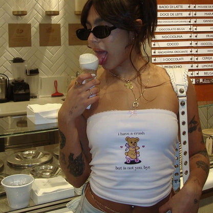 Bear Letter Graphic Print Bow Lace Collared Blouse Tube Top Short Type
