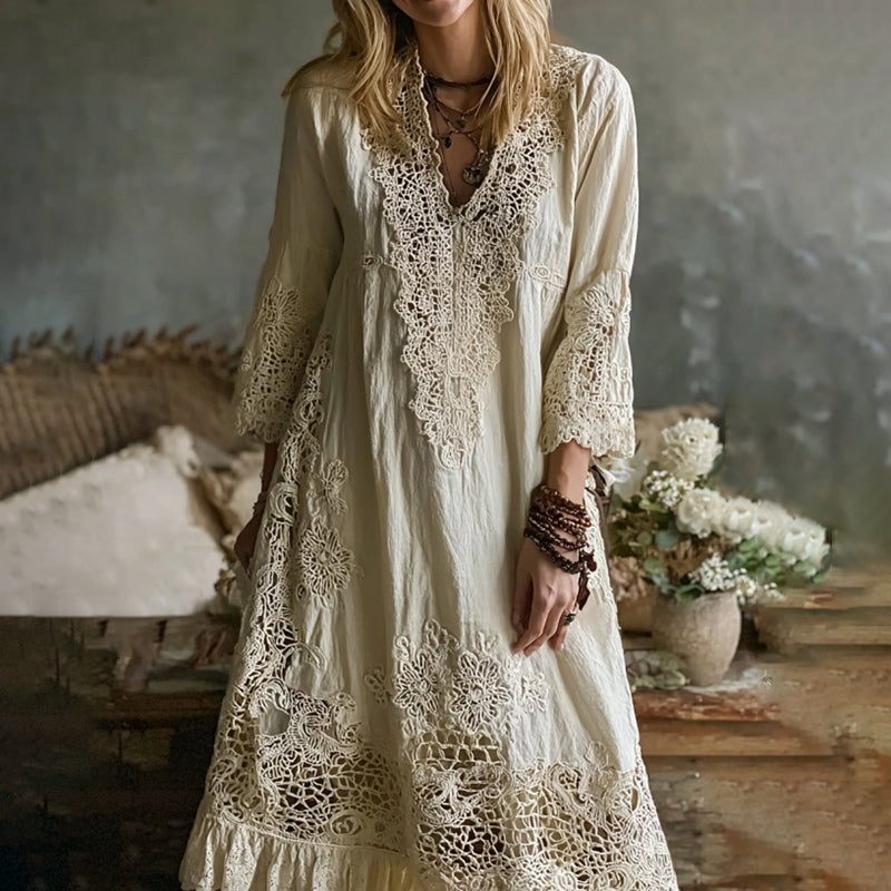 Women's Vintage Lace Floral Art Linen Flowy Maxi Dress elevenforest