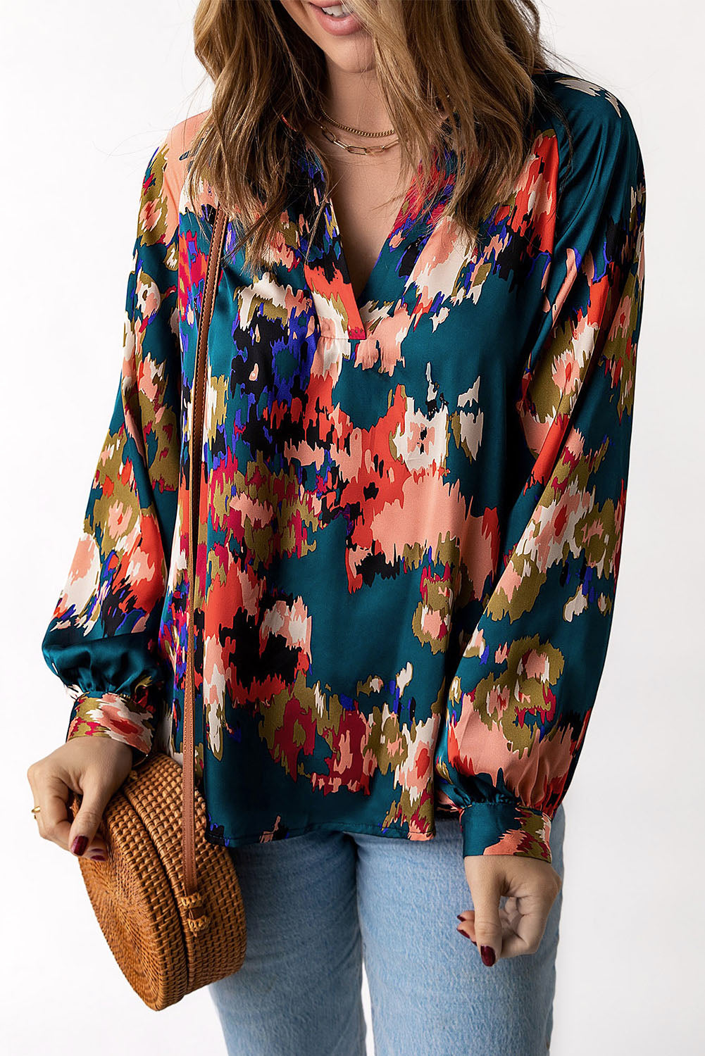 Purple Graffiti Printed V Neck Puff Sleeve Blouse