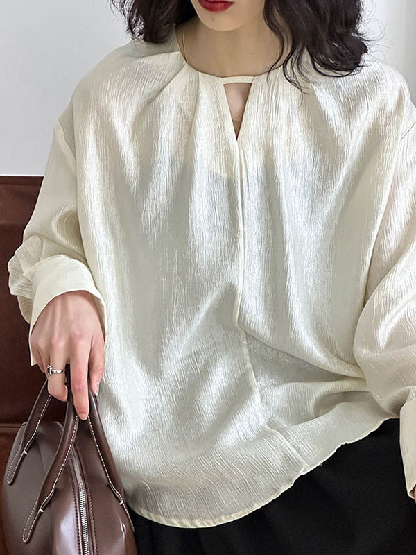 Long Sleeves Loose Hollow Shiny Color Round-neck Blouses&shirts Tops