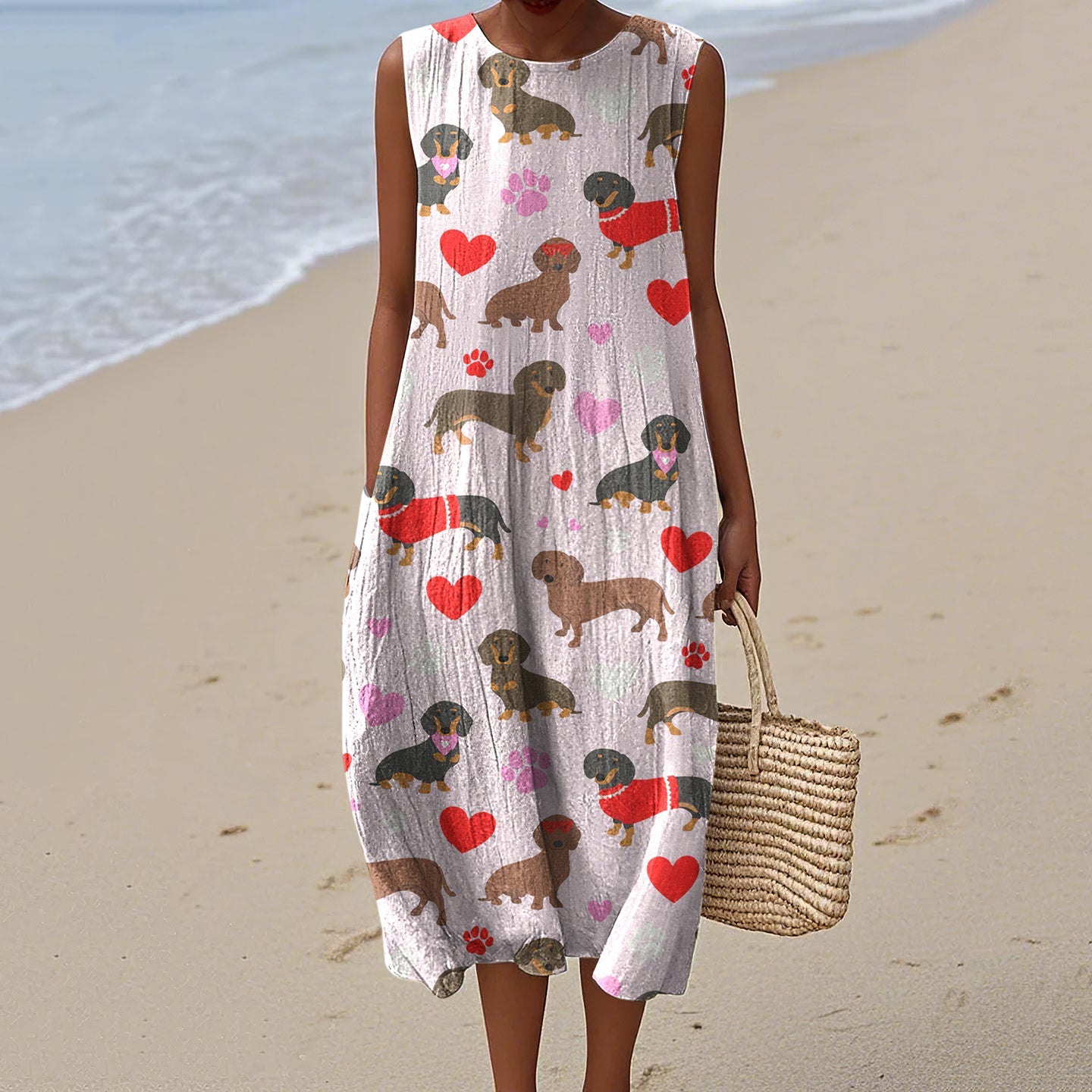Vintage Cute Dachshund Art Print Linen Sleeveless Dress elevenforest