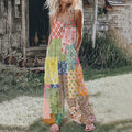 Women's Floral Patchwork Linen Print Cotton Linen Jumpsuit elevenforest