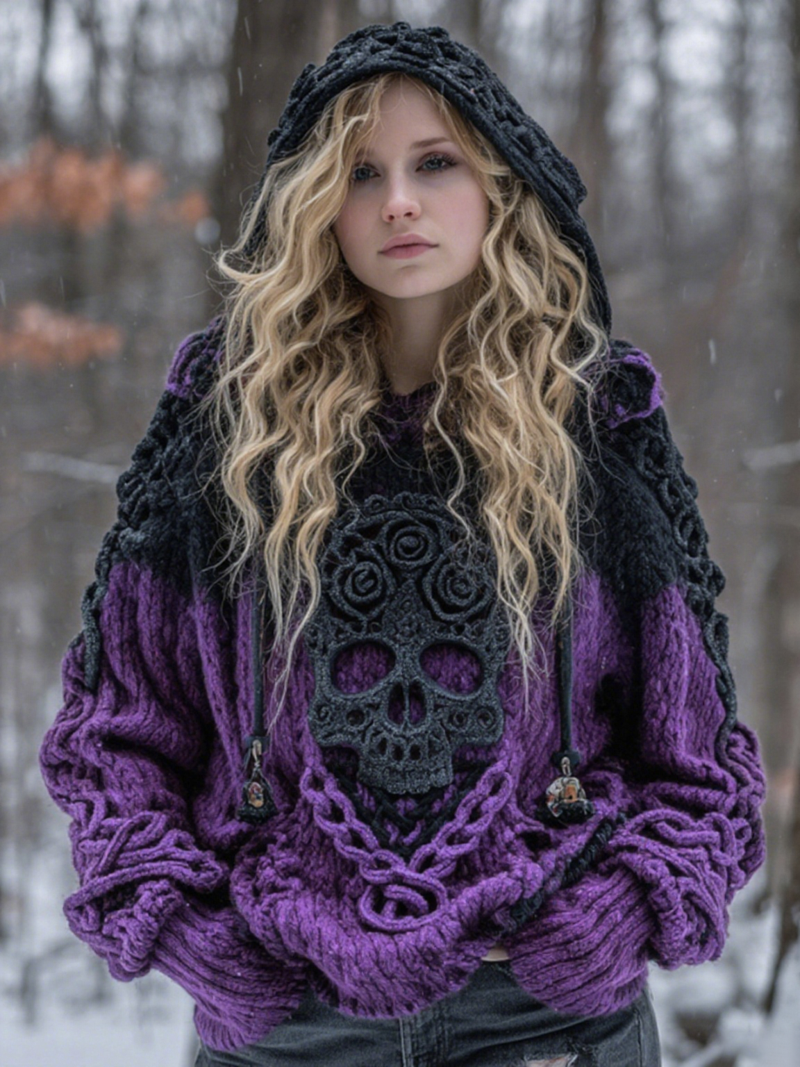 Women's Vintage Viking Tribal Celtic Skull Gradient Art Chunky Knit Hooded Sweater elevenforest