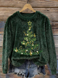 Comstylish Vintage Music Notes Christmas Tree Embroidered Plush Sweater