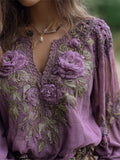 Boho Purple Roses Fiber Art Flowy Linen Tunic elevenforest